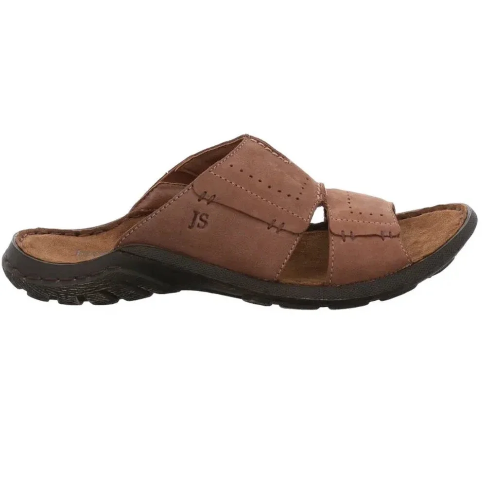 Josef Seibel Logan 21 Sandals Mens 12 Brown Leather Stitch Detail Slide HAM815